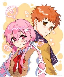 Rule 34 | 1boy, 1girl, absurdres, black skirt, bow, breasts, brown vest, building, ceiling, commentary, couple, cross, cross print, dutch angle, emiya shirou, english commentary, fate/stay night, fate (series), hair ornament, hair ribbon, hallway, highres, homurabara academy school uniform, light blush, long hair, long sleeves, momomiya shizuku (gaoyue jixiang), neck ribbon, non-web source, oc x canon, open mouth, orange hair, original, pastels, pink eyes, pink hair, print ribbon, red hair, red ribbon, ribbon, school, school uniform, shirt, skirt, twintails, vest