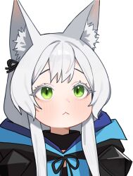 Rule 34 | 1girl, :&lt;, absurdres, animal ears, arknights, cat ears, cat girl, green eyes, grey hair, highres, holypotato0, long hair, portrait, rosmontis (arknights), simple background, solo, white background