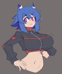 1girl :&gt; animal_ear_fluff animal_ears black_jacket blue_hair breasts cat_ears cat_girl closed_mouth collared_jacket cropped_jacket doce fang female_focus freckles grey_background hair_between_eyes hand_on_own_hip highres jacket large_breasts looking_to_the_side midriff navel original purple_eyes short_hair simple_background skin_fang smile solo upper_body xiao_(docecaedrus)