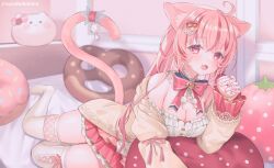 1girl animal_ears breasts cardigan cat_ears cat_girl cat_tail commission donut donut-shaped_pillow food highres indie_virtual_youtuber koito_amuno large_breasts long_hair long_sleeves looking_at_viewer miniskirt multicolored_hair off-shoulder_shirt off_shoulder open_cardigan open_clothes pillow pink_eyes pink_hair pink_skirt pleated_skirt pretzel shirt skeb_commission skirt strawberry-shaped_pillow streaked_hair suzuho_hotaru tail thighhighs virtual_youtuber white_shirt white_thighhighs zettai_ryouiki