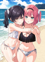 2girls beach bikini black_hair green_eyes highres mochizuki_momiji multiple_girls narumi_tsubame new_game! pink_hair swimsuit tokunou_shoutarou yellow_eyes