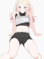 1boy arm_support bare_arms bike_shorts blonde_hair blush covered_penis covered_testicles crop_top gakuen_idolmaster genderswap genderswap_(ftm) highres idolmaster juo_sena long_hair male_focus midriff multicolored_hair navel parted_bangs parted_lips pink_streaks purple_eyes simple_background sitting solo streaked_hair sweat tank_top trap white_background zhan_jie_wang
