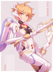 1girl ahoge blonde_hair breasts cyborg dual_wielding enni feet_out_of_frame female_focus fiora_(xenoblade) highres holding looking_at_viewer mecha-fiora medium_breasts meyneth_(xenoblade) monolith_soft nintendo possessed possession red_eyes short_hair solo spoilers sword weapon xeno_(series) xenoblade_chronicles_(series) xenoblade_chronicles_1