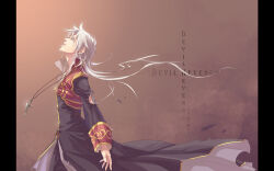 1boy black_coat brown_background closed_eyes coat cowboy_shot cross cross_necklace english_text gold_trim head_back jewelry long_hair long_sleeves male_focus multicolored_coat necklace niuya open_mouth pillarboxed priest_(ragnarok_online) ragnarok_online red_coat solo torn_clothes torn_coat two-tone_coat wind