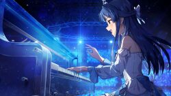 1girl blue_eyes blue_hair detached_sleeves dress game_cg idolmaster idolmaster_million_live! idolmaster_million_live!_theater_days instrument mogami_shizuka music official_art open_mouth piano playing_instrument profile stage_lights