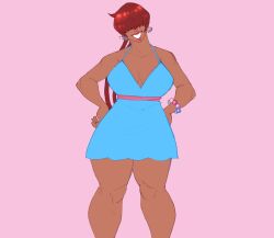 Rule 34 | 1girl, 1shermieaday, breasts, curvy, dark-skinned female, dark skin, dress, earrings, female focus, hands on own hips, heart, jewelry, large breasts, long hair, ponytail, red hair, shermie (kof), skirt, smile, smiley face, standing, tan, the king of fighters, thick thighs, thighs, twintails