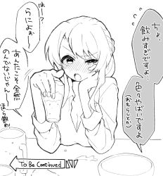 1girl alcohol beer blush bowl breasts cleavage collared_shirt cup drink drinking_glass drunk english_text female_focus flying_sweatdrops greyscale half-closed_eye hand_on_own_chin hands_up head_rest highres holding holding_drink holding_drinking_glass japanese_text long_hair long_sleeves looking_at_viewer medium_breasts mixed-language_text monochrome mug nose_blush nuruko_(nuru55555) open_mouth original shirt sidelocks simple_background sitting solo speech_bubble table talking teeth to_be_continued translation_request uneven_eyes upper_body v-shaped_eyebrows white_background