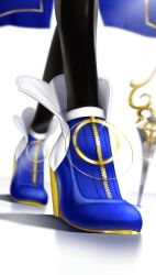 1girl absurdres black_thighhighs blue_shoes footwear_focus high_heels highres hololive hololive_english luke_s_(artist) ouro_kronii ouro_kronii_(1st_costume) shoes solo thighhighs virtual_youtuber white_background zipper
