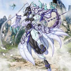 Rule 34 | 1girl, armor, armored dress, black bodysuit, blue eyes, bodysuit, breasts, bug, butterfly, covered eyes, dragon, dragon girl, dragon tail, dress, female focus, fighting stance, guzu kuo, helmet, helmet over eyes, holding, holding sword, holding weapon, insect, knees up, large breasts, long dress, long hair, long tail, mountain, muscular, muscular legs, purple skirt, purple tail, sandals, skirt, solo, solo focus, sword, swordsoul (yu-gi-oh!), swordsoul of mo ye, tail, thick thighs, thighhighs, thighs, twintails, weapon, white hair, yu-gi-oh!