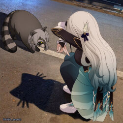Rule 34 | 2girls, absurdres, animal ears, aqua dress, aqua skirt, aqua socks, black hairband, breasts, bridal gauntlets, cat shadow puppet, dress, eidis scarlet, firefly (honkai: star rail), gradient hair, grey hair, hair between eyes, hair ornament, hair ribbon, hairband, highres, honkai: star rail, honkai (series), large breasts, multicolored hair, multiple girls, raccoon, raccoon ears, raccoon tail, ribbon, road, shadow, shadow puppet, single bridal gauntlet, skirt, socks, squatting, stelle (honkai: star rail), tail, trailblazer (honkai: star rail), yellow eyes
