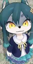 1girl 3d animal_ear_fluff animal_ears animated child dress flower furry furry_female green_dress green_hair hair_flower hair_ornament looking_at_viewer medlichan outdoors photo_background pov pov_focus real_life sidelocks solo video wolf_ears yellow_eyes