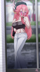 1girl absurdres alternate_costume aru_(blue_archive) bare_arms bare_shoulders black_bra black_hat blue_archive bra cellphone demon_girl demon_horns hat highres holding holding_phone horns long_hair looking_at_viewer midriff navel pants phone purple-tinted_eyewear red_hair sidelocks smartphone solo sunglasses tinted_eyewear underwear white_pants yellow_eyes z_shitei_ero