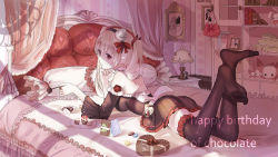 1girl back bag bare_shoulders bed bedroom black_dress black_thighhighs blonde_hair book bow cabinet candy chocolate chocolate_heart cupcake curtains diamond_(shape) doll donut dress english_text feet female_focus food framed_image frills from_behind full_body hair_bow hairband handbag happy_birthday hat head_rest heart highres indoors lamp legs_up lollipop long_legs looking_back lying macaron mini_hat no_shoes off_shoulder on_bed on_stomach open_mouth original picture_frame pillow plate pleated_dress pleated_skirt red_eyes sash shadow skirt solo spade strapless strapless_dress stuffed_animal stuffed_rabbit stuffed_toy sweets thighhighs twintails wallpaper_(object) x-red_flower