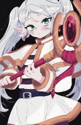 Rule 34 | 1girl, belt, belt buckle, black background, black belt, black shirt, blush, buckle, capelet, closed mouth, commentary, double-parted bangs, earrings, elf, english commentary, frieren, green eyes, highres, holding, holding staff, jewelry, long hair, long sleeves, looking at viewer, pointy ears, shirt, short eyebrows, simple background, skirt, solo, sousou no frieren, staff, striped clothes, striped shirt, thick eyebrows, twintails, two-tone shirt, white capelet, white hair, white shirt, white skirt, wishpetal