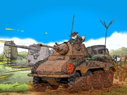 armored_personnel_carrier armored_vehicle artillery cannon gun highres holding holding_gun holding_weapon jerry_can military_uniform military_vehicle motor_vehicle mp40 original rifle submachine_gun tank turret vehicle_focus vehicle_request weapon weapon_on_back wheel yabarn