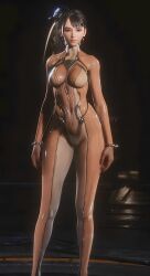 1girl 3d black_eyes black_hair bodysuit breasts cameltoe covered_erect_nipples covered_navel curvy eve_(stellar_blade) highres large_breasts lips long_hair official_art pink_bodysuit ponytail red_bodysuit skin_suit_(stellar_blade) skin_tight standing stellar_blade thick_thighs thighs two-tone_bodysuit wide_hips