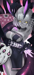 1152635131_(artist) 1girl absurdres arm_under_breasts armpits bare_shoulders black_dress blood breasts center_opening chinese_commentary cleavage closed_mouth colored_skin commentary dress fate/grand_order fate_(series) glasses grey_hair grey_skin highres jacques_de_molay_(foreigner)_(fate) jacques_de_molay_(foreigner)_(third_ascension)_(fate) medium_breasts pink_blood short_hair smile solo tentacles yellow_eyes