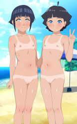2girls beach blue_eyes blush boruto:_naruto_next_generations flat_chest hyuuga_hinata loli looking_at_viewer mother_and_daughter multiple_girls naruto_(series) nipples nude nudist outdoors pussy rantuahelax short_hair standing tan tanline time_paradox uzumaki_himawari v