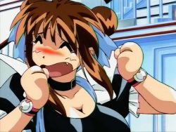 1990s_(style) 1girl ^_^ ^o^ animated animated_gif apron arms_up black_dress blush bouncing bouncing_breasts breasts brown_hair cleavage closed_eyes collar double_bun dress embarrassed frilled_dress frills gloves hair_bun hair_ribbon hetero indoors large_breasts looping_animation maid maid_apron medium_hair nanako_kaitai_shinsho retro_artstyle ribbon rubbing screaming shaking shichigusa_nanako shiny_clothes sidelocks sitting solo third-party_edit tracing white_apron white_ribbon yamashita_toshinari