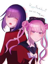 1boy 1girl 2025 black_bow black_hairband black_headband blush bow brother_and_sister character_name closed_mouth dated hair_bow hairband happy_birthday headband looking_at_viewer matching_hair/eyes one_eye_closed open_mouth pink_eyes pink_hair purple_hair red_shirt shirt siblings smile teeth the_hundred_line_-last_defense_academy- tsukumo_ima tsukumo_kako twins upper_teeth_only white_background white_bow wink