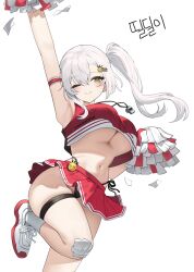 Rule 34 | 1girl, absurdres, arm strap, arm up, armpits, bare shoulders, breasts, cheerleader, closed mouth, commission, crop top, crop top overhang, hair ornament, hairclip, highleg, highleg panties, highres, holding, holding pom poms, kiriel&#039;s character, large breasts, leg up, long hair, looking at viewer, midriff, miniskirt, mole, mole under eye, navel, nogong, one eye closed, original, panties, pleated skirt, pom pom (cheerleading), pom poms, red shirt, red skirt, second-party source, shirt, shoes, side-tie panties, side ponytail, simple background, skirt, sleeveless, sleeveless shirt, smile, sneakers, socks, solo, stomach, string panties, thigh strap, thighs, underboob, underwear, whistle, whistle around neck, white background, white hair, white shoes, white socks, yellow eyes