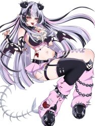 1girl arm_warmers bare_shoulders bat_wings black_arm_warmers black_boots black_bra black_hair black_thighhighs black_wings blood blood_on_hands blood_on_tongue blush bone_print boots bra breasts chest_harness commentary corset_piercing double_bun english_commentary fangs fingernails hair_bun hands_up haori903 harness heart_hair_bun heterochromia highres indie_virtual_youtuber large_breasts licking_own_finger long_fingernails long_hair looking_at_viewer microskirt multicolored_hair navel navel_piercing open_mouth piercing pink_eyes pink_hair pink_skirt pointy_ears purple_eyes purple_hair second-party_source simple_background single_arm_warmer single_thighhigh skeletal_tail skirt smile solo spikes sprinkle_hershy sprinkles streaked_hair tail thighhighs tongue tongue_out torn_arm_warmers torn_wings underwear very_long_hair virtual_youtuber white_background wings