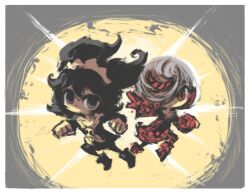 2girls ashley_(warioware) black_dress black_eyes black_footwear black_hair brooch chibi chibi_only child closed_mouth commentary crossover dot_nose dress full_body hairband inawon jewelry long_hair looking_at_viewer medium_hair multiple_girls neckerchief nintendo one_eye_covered red_dress red_eyes sage_(sonic) skull_brooch sonic_(series) symbol-only_commentary warioware white_hair yellow_brooch yellow_hairband yellow_neckerchief