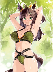 1girl animal_ears armpits arms_up bikini blush breasts brown_hair cleavage green_bikini green_eyes horse_ears horse_girl horse_tail ines_fujin_(umamusume) large_breasts long_hair looking_at_viewer multi-strapped_bikini_bottom navel official_alternate_costume official_alternate_hairstyle ryoji_(nomura_ryouji) side_ponytail smile solo swimsuit tail umamusume zipper