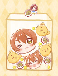 &gt;_&lt; &gt;_o 2girls :3 blue_bow blue_bowtie bow bowtie cat closed_mouth food highres hoshizora_rin love_live! love_live!_school_idol_project multiple_girls nishikino_maki noodles one_eye_closed open_mouth orange_hair osono_(osonokichi) otonokizaka_school_uniform parody purple_eyes ramen red_hair school_uniform shirt short_hair short_sleeves smile star_(symbol) striped_bow striped_bowtie striped_clothes suika_game white_shirt yellow_eyes