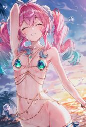 1girl aqua_hair bare_shoulders bikini blush bracelet breasts bubble closed_eyes fortune_bikini gem gold gradient_hair highres honkai:_star_rail honkai_(series) hyacine_(honkai:_star_rail) jewelry long_hair medium_breasts multicolored_hair naked_jewelry navel necklace ocean pearl_(gemstone) pink_hair raaivault smile sunset swimsuit teeth twintails water wet