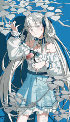 1girl absurdres bare_shoulders blue_background blue_ribbon blue_skirt bright_pupils closed_mouth collar colored_eyelashes commentary earrings flower grey_hair hair_ribbon hand_up highres holding holding_flower jewelry jinhsi_(wuthering_waves) long_hair looking_at_viewer mixed-language_commentary multilingual_commentary off-shoulder_shirt off_shoulder official_alternate_costume pink_flower rena_(rena_emc2) ribbon shirt skirt smile solo very_long_hair white_collar white_eyelashes white_eyes white_pupils white_shirt wuthering_waves