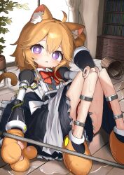 1girl ahoge android animal_ear_fluff animal_ears animal_feet animal_hands apron arm_up black_dress black_skirt blush bookshelf bow bowtie bright_pupils bucket cable cat_ears cat_girl cat_paws cat_tail collared_dress curtains delfino dress fallen_down frilled_apron frilled_dress frills full_body gloves hair_between_eyes hand_on_own_head hand_up indoors joints knees_together_feet_apart knees_up long_sleeves looking_at_viewer maid maid_apron mechanical_legs medium_hair mop on_floor open_mouth orange_hair original parted_lips paw_gloves paw_shoes plant potted_plant puffy_sleeves purple_eyes red_bow red_bowtie robot_joints shelf shoes sitting skirt slippers solo tail water wet white_apron white_pupils window wooden_floor