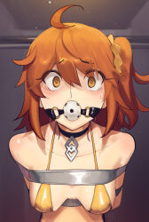 1girl ahoge ball_gag bare_shoulders bikini blush breasts cad_(caddo) choker cleavage fate/grand_order fate_(series) fujimaru_ritsuka_(female) gag looking_at_viewer medium_breasts one_side_up orange_eyes orange_hair short_hair solo swimsuit yellow_bikini