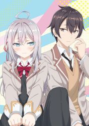 Rule 34 | 1boy, 1girl, absurdres, ahoge, alisa mikhailovna kujou, announcement, black eyes, black hair, black pants, black skirt, blazer, blue eyes, blush, bow, bowtie, brown necktie, brown sweater vest, clenched hands, closed mouth, collared shirt, crossed bangs, double-parted bangs, embarrassed, eye contact, furrowed brow, grey hair, grey jacket, hair between eyes, hair ribbon, hand up, highres, jacket, kuze masachika, lapels, long hair, looking at another, looking to the side, necktie, notched lapels, official art, open clothes, open jacket, pants, red bow, red bowtie, red ribbon, ribbon, school uniform, seiren academy school uniform, shirt, short hair, sideways glance, sitting, skirt, sweater vest, tokidoki bosotto roshia-go de dereru tonari no alya-san, wavy mouth, white shirt, wing collar