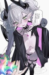 1girl black_hands black_panties blush boots breasts colored_extremities demon_wings fate/grand_order fate_(series) green_eyes hand_up highres horns lilith_(fate) long_hair open_mouth panties pointy_ears saint_quartz_(fate) sisila_neco smile solo_focus thigh_boots topless_female twintails underwear white_background wings