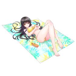 1girl ass barefoot bikini black_hair breasts brown_eyes cleavage dolphin_wave feet highres knees_up kotegawa_yui large_breasts legs long_hair looking_at_viewer lotion lying navel non-web_source official_art on_back ootomo_takuji solo sunscreen swimsuit to_love-ru to_love-ru_darkness toenails toes towel transparent_background yellow_bikini