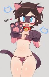 1girl animal_ears animal_hands batman_(series) batrobin_k bikini blue_eyes breasts brown_hair cat_ears cat_girl cat_tail dc_comics domino_mask eyepatch_bikini fang gloves highres mask navel paw_gloves paw_pose robin_(batrobin_k) short_hair simple_background small_breasts swimsuit tail thigh_gap thong white_background