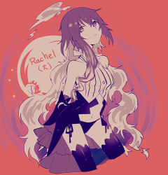 1girl bare_shoulders breasts character_name collarbone crop_top cropped_legs detached_sleeves female_focus frilled_sleeves frills halterneck head_tilt lieat long_hair lowres medium_breasts miwasiba monochrome multicolored_hair navel official_art panties parted_lips rachel_rigfire red_background shirt side-tie_panties simple_background sleeves_past_wrists solo star_(symbol) striped_clothes striped_shirt thighhighs two-tone_hair underwear very_long_hair