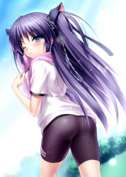 1girl ass bike_shorts blue_eyes blush collar_tug female_focus gym_uniform hair_ribbon little_busters! long_hair looking_at_viewer looking_back outdoors purple_hair ribbon sasasegawa_sasami shirt short_sleeves solo sparkle sweat towel zen