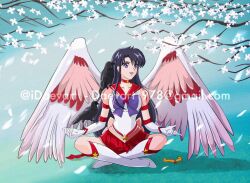 Rule 34 | 1girl, angel wings, animal, animal on arm, animal on shoulder, bird, bird on arm, bird on shoulder, bishoujo senshi sailor moon, black bird, black hair, boots, crossed legs, crow, gloves, happy, hino rei, indian style, knee boots, kneecap, kneecaps, leggings, legs, long hair, long legs, magical girl, meditation, on floor, on ground, open mouth, purple eyes, purple hair, red skirt, resting, sailor mars, sitting, skirt, smile, super sailor mars (stars), very long hair, white footwear, white gloves, wings, yellow star