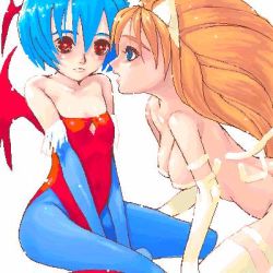 2girls animal_hands ayanami_rei blue_eyes blue_hair blue_pantyhose blush breasts capcom cosplay darkstalkers es es_(cah60700) felicia_(darkstalkers)_(cosplay) felicia_(darkstalkers) flat_chest leotard lilith_(darkstalkers) lilith_(darkstalkers)_(cosplay) long_hair lowres multiple_girls neon_genesis_evangelion pantyhose print_legwear red_eyes red_hair red_leotard short_hair small_breasts souryuu_asuka_langley