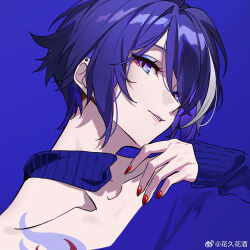 1girl acheron_(honkai:_star_rail) alternate_costume alternate_hair_length alternate_hairstyle ear_piercing eyeliner fingernails honkai:_star_rail honkai_(series) makeup piercing purple_background purple_sweater red_nails simple_background solo sweater sylvia_(huajiuhuajiu) tattoo tomboy