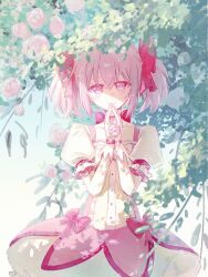 1girl bow bubble_skirt cowboy_shot day flower frilled_sleeves frills gloves hair_bow hands_up highres kaname_madoka kaname_madoka_(magical_girl) leaf looking_at_viewer mahou_shoujo_madoka_magica mahou_shoujo_madoka_magica_(anime) outdoors own_hands_together pink_bow pink_flower pink_hair pink_skirt puffy_short_sleeves puffy_sleeves risheng_yueyin short_hair short_sleeves short_twintails skirt smile solo standing twintails white_gloves