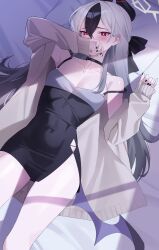 1girl absurdres black_choker black_dress black_hair black_horns blue_archive bow choker collarbone covering_own_mouth ddog demon_horns demon_wings diamond_necklace dress grey_halo grey_jacket hair_bow halo highres horns jacket kayoko_(blue_archive) kayoko_(dress)_(blue_archive) long_hair lying mole mole_on_collarbone mole_on_neck nail_polish official_alternate_costume on_back purple_wings red_eyes short_dress single_wing strap_slip studded_choker white_hair wings