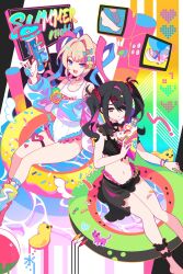 Rule 34 | 2girls, :d, ame-chan (needy girl overdose), bandaid, bandaid on leg, bikini, black bikini, black eyes, black hair, black sarong, blonde hair, blue eyes, blue hair, blue shirt, buoy, candy hair ornament, chouzetsusaikawa tenshi-chan, dual persona, food, food-themed hair ornament, frilled bikini, frills, hair ornament, hair over one eye, hairclip, heart, heart o-ring, highres, holding, holding food, holding ice cream, holding water gun, ice cream, ideolo, long hair, multiple girls, navel, needy girl overdose, o-ring, o-ring thigh strap, one-piece swimsuit, open mouth, pien cat (needy girl overdose), pink hair, quad tails, rubber duck, sarong, see-through clothes, see-through shirt, shirt, smile, swimsuit, thigh strap, twintails, very long hair, water gun, white one-piece swimsuit