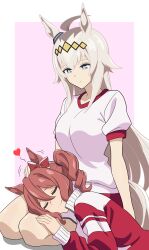 2girls absurdres ahoge alternate_costume animal_ears blue_eyes bow brown_hair closed_eyes closed_mouth commentary drill_hair ear_bow ear_ornament grey_hair gym_shirt hair_ornament half-closed_eyes heart highres horse_ears horse_girl horse_tail jacket kiyosuke_(kiyosuke023) lap_pillow light_smile long_sleeves looking_at_another lying motion_lines multiple_girls norn_ace_(umamusume) oguri_cap_(umamusume) on_side petting red_jacket red_shorts seiza shirt short_sleeves shorts side_drill sitting smile t-shirt tail tracen_training_uniform track_jacket umamusume umamusume:_cinderella_gray