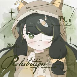 1girl absurdres adjusting_scarf animal_ear_headwear animal_ears backpack bag black_hair bow broken brown_jacket brown_scarf chinese_commentary closed_mouth commentary_request commission expressionless eye_hair_ornament eyelashes eyepatch fake_animal_ears fox_ears green_background green_bag green_eyes grey_background hair_bow hair_half_over_shoulder highres jacket light_blush lips long_hair long_sleeves low-tied_long_hair medical_eyepatch open_clothes open_jacket original pink_lips puffy_long_sleeves puffy_sleeves sample_watermark scarf shards shirt solo sparkle straight-on swept_bangs too_many_watermarks tsurime two-tone_background upper_body watermark white_shirt yellow_bow yutou921