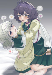 2girls @_@ absurdres ahoge araga_kiwi black_hair coat collar fangs green_hair heart highres hiiragi_utena holding holding_leash hug huru_p leash long_hair looking_at_viewer mahou_shoujo_ni_akogarete medium_hair multiple_girls on_bed purple_eyes school_uniform skirt smile spoken_heart yellow_eyes yuri