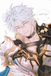 Rule 34 | 1boy, absurdres, animal ears, antenna hair, armor, belt, black choker, blue cape, brown belt, cape, choker, closed eyes, coat, collarbone, dog boy, dog ears, english text, gold tattoo, grey hair, grin, highres, honkai: star rail, honkai (series), male focus, mobtop99, neck tattoo, parted bangs, pauldrons, pectorals, phainon (honkai: star rail), short hair, shoulder armor, simple background, single pauldron, smile, solo, speech bubble, tattoo, teeth, twitter username, two-sided cape, two-sided fabric, upper body, white background, white coat, yellow cape