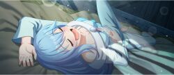 Rule 34 | 1girl, aqua (konosuba), arm up, barefoot, blanket, blue brooch, blue hair, blue pajamas, blue pants, blush, breasts, cleavage, closed eyes, collarbone, dark room, dutch angle, game cg, hand on own stomach, hay, highres, indoors, kono subarashii sekai ni shukufuku wo!, konosuba! fantastic days, lens flare, long hair, lying, medium breasts, midriff, official art, on back, open mouth, pajamas, pants, sleeping, smile, solo, stable, third-party source